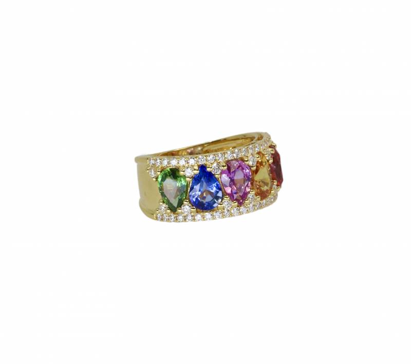 bague or jaune, bague saphirs multicolores, bague diamants