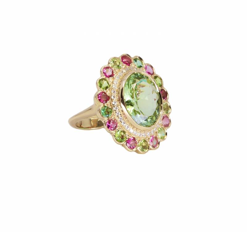 bague diamants, bague tourmalines vertes, bague tourmalines roses, bague or rose