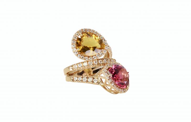 Bague or rose, diamants, citrine et tourmaline