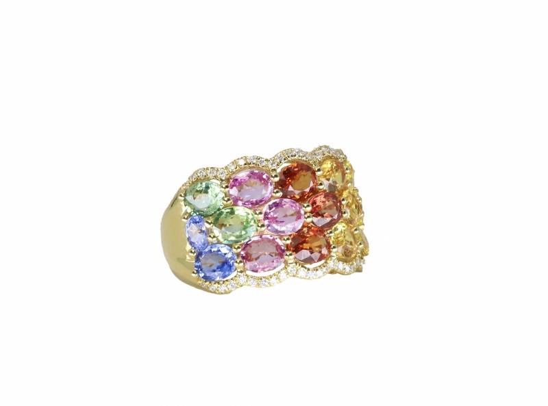 bague or jaune, saphirs multicolores, diamants