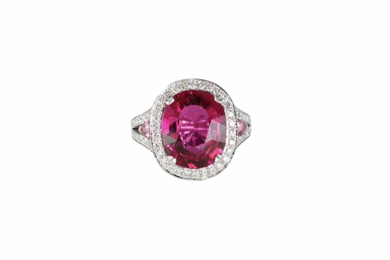 Bague or blanc diamants et tourmaline rose