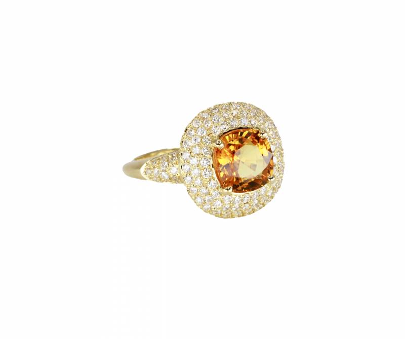 Bague or jaune, diamants saphir orange