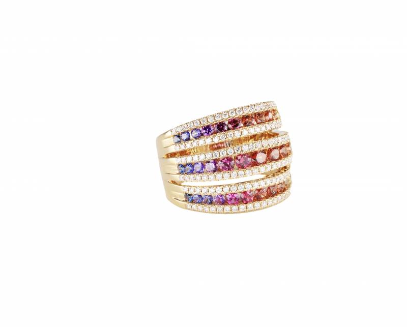 Bague or rose, saphirs multicolores et diamants