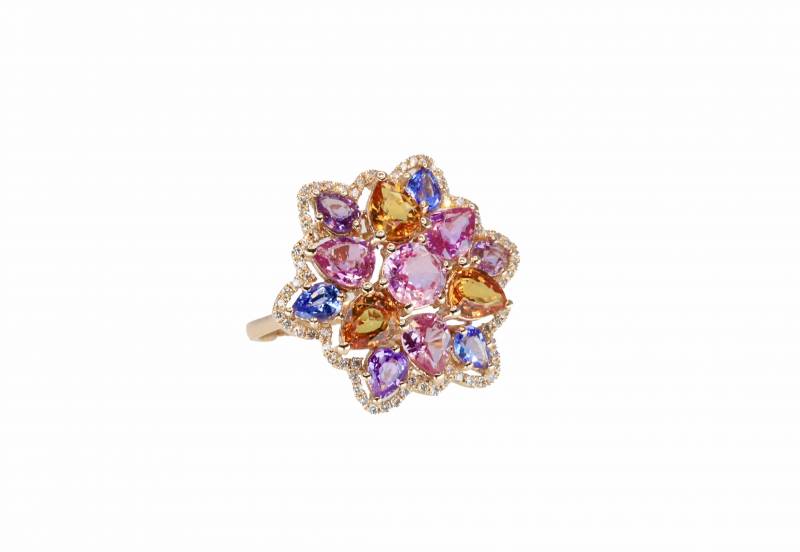 bague saphirs multicolores, bague or rose, bague diamants