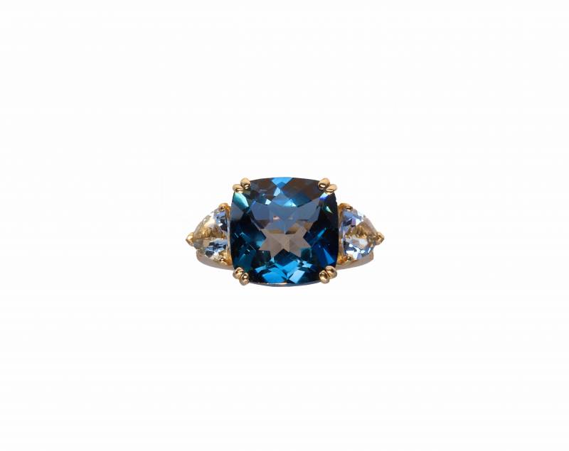 Bague or rose, diamants, topaze London blue et aigues marines