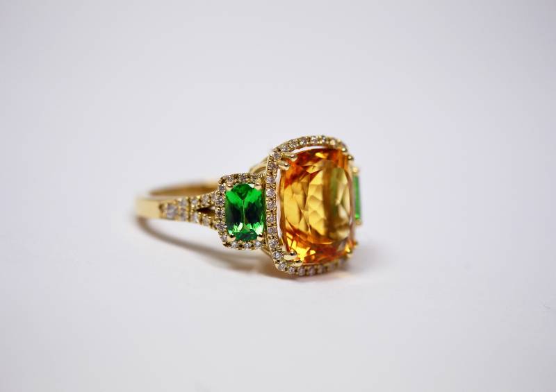 Bague citrine, tsavorites, diamants, Bordeaux,Andernos, Paris, Le Bouscat, Biarritz