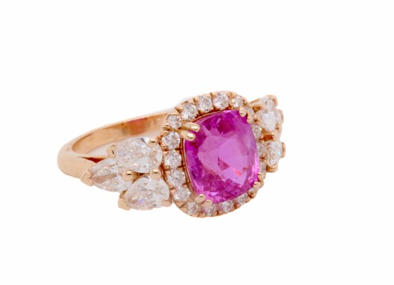 Bague saphir rose et diamants poire, unique, demande, fiançaille, unique, création, demande, acheter, commande sur mesure, coussin, elen larcebeau