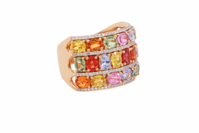 Bague arc en ciel, saphirs multicolores, diamants, or rose, elen larcebeau, joaillier, créateur, artisan, achat, fiançaille, demande, acheter, bordeaux, bague sur mesure, unique, création,