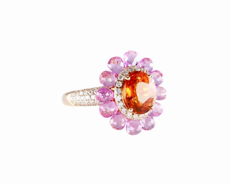 Bague grenat, saphirs roses et diamants, bordeaux, elen larcebeau, bague, joaillier, création, unique, pierres de couleurs