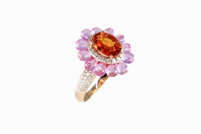 Bague grenat, saphirs roses et diamants, bordeaux, elen larcebeau, bague, joaillier, création, unique, pierres de couleurs