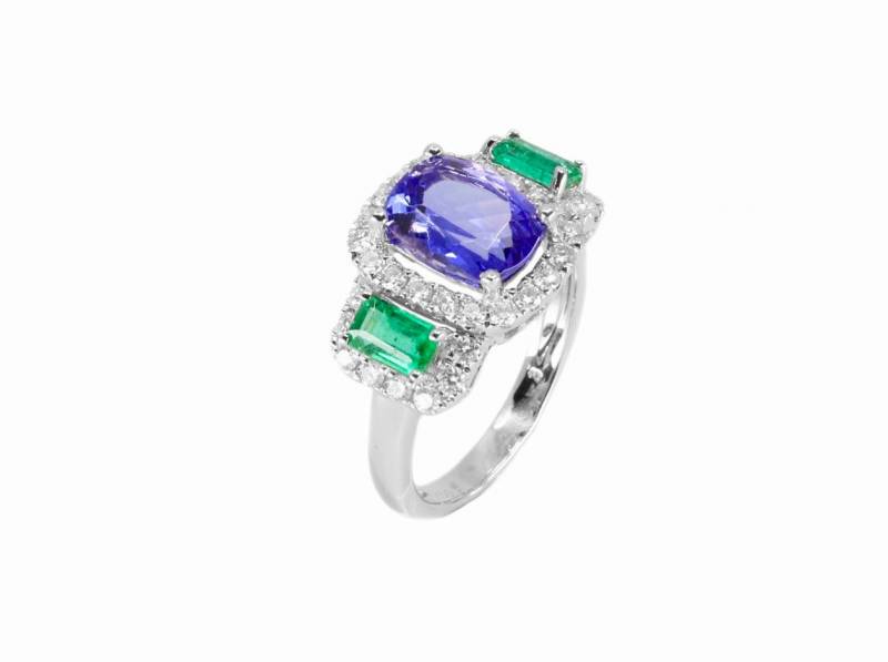 Bague or blanc, tanzanite, émeraude, elen larcebeau, joaillerie, créateur, acheter, bague pierres précieuses, diamants, or blanc, artisan joaillier