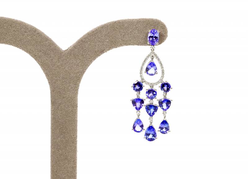 Boucles d'oreilles or blanc, tanzanites, elen larcebeau, création, acheter, luxe, bordeaux, joaillier, tanzanites, diamants, pièces uniques