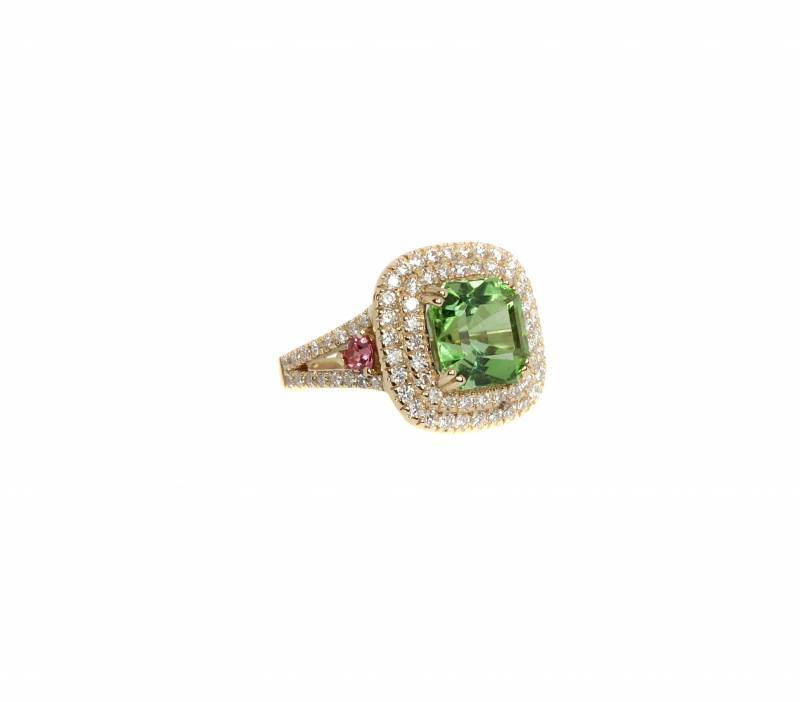 Bague tourmaline verte, spinelles rose, elen larcebeau, création unique, pierres de couleurs, or rose, joaillerie, acheter, bague de fiancailles, 18k