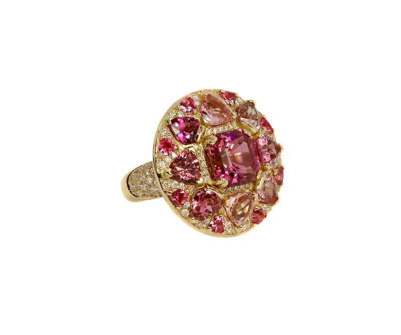 Bague spinelles roses, tourmalines, or jaune, diamants, unique, création, acheter, elenlarcebeu, création, bordeaux, pierres de couleurs, or rose, 18k