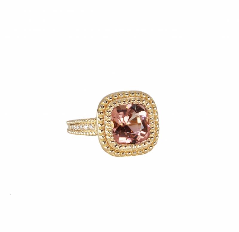 Bague or rose, tourmaline rose, diamants, elen larcebeau, unique, bague, joaillerie, création, or rose, perlée