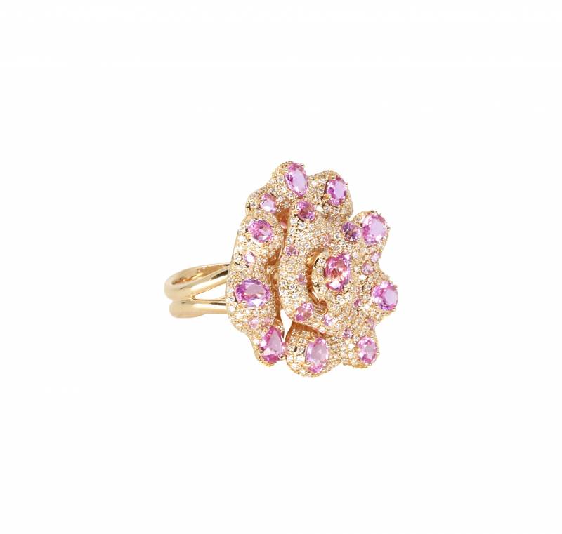 Bague, or rose, luxe, Bordeaux, Elen Larcebeau, joaillerie, artisan, haute joaillerie, saphirs, saphirs roses, pierres précieuses