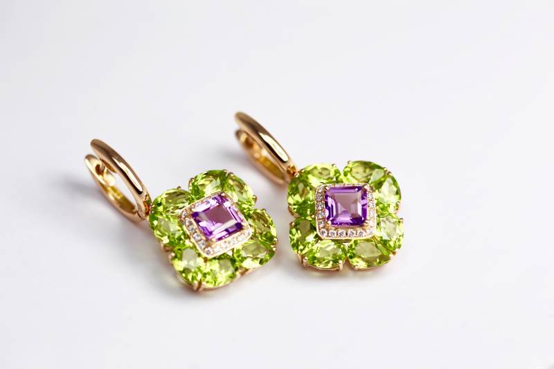 Boucles d'oreilles péridots améthystes Bordeaux Caudéran