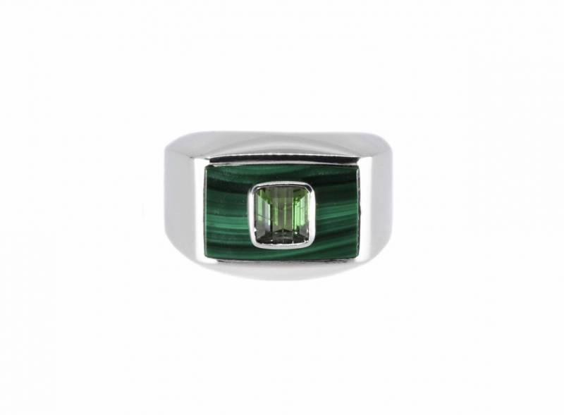 Chevaliere malachite et tourmaline verte, virgilemahe, argent, pierres dures, bordeaux joaillerie, joaillier